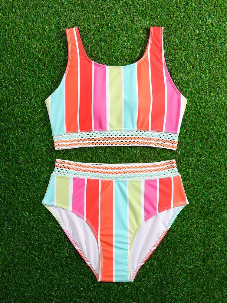 Teen Girls Block Striped Bikini Set Summer Beach