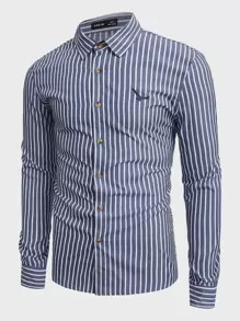 Manfinity NXTstreet Men Striped Print Button Up Shirt - Blue and White - View 3