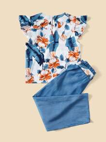 SHEIN Cô gái Tween Bản in nhiệt đới Viền Ruffle Áo & Nếp gấp cao eo Thắt lưng Quần - Nhiều màu - Xem 3