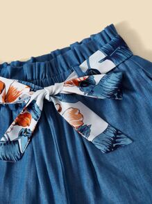 SHEIN Cô gái Tween Bản in nhiệt đới Viền Ruffle Áo & Nếp gấp cao eo Thắt lưng Quần - Nhiều màu - Xem 4