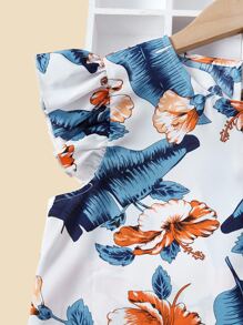 SHEIN Cô gái Tween Bản in nhiệt đới Viền Ruffle Áo & Nếp gấp cao eo Thắt lưng Quần - Nhiều màu - Xem 5