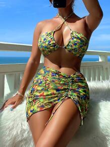 Bộ bikini dây rút dây rút mùa hè đi biển với váy đi biển - Nhiều màu - Xem 3