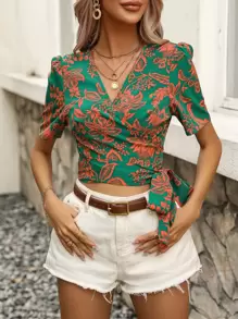 SHEIN Clasi Blusa cruzada con estampado floral con nudo lateral - Verde - Ver 1