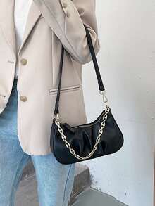 Minimalist Chain Ruched Bag - Black - View 4