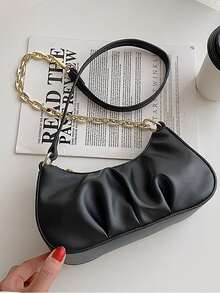 Minimalist Chain Ruched Bag - Black - View 6