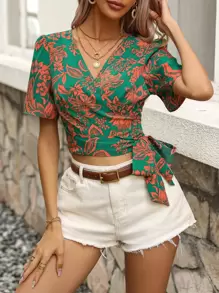 SHEIN Clasi Blusa cruzada con estampado floral con nudo lateral - Verde - Ver 4