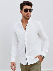 GENTILAND Men Contrast Trim Button Up Shirt - White - View 1