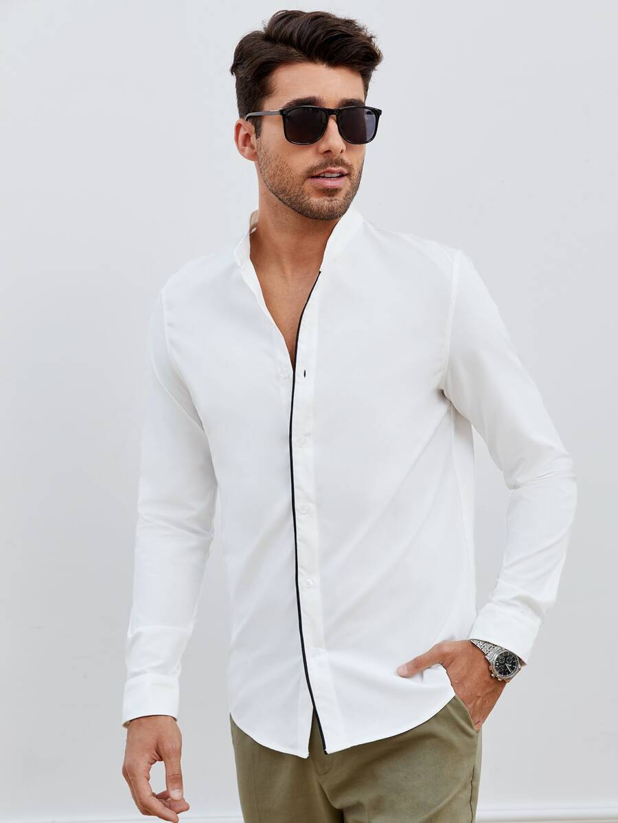 GENTILAND Men Contrast Trim Button Up Shirt - White - View 1