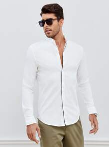 GENTILAND Men Contrast Trim Button Up Shirt - White - View 3