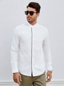 GENTILAND Men Contrast Trim Button Up Shirt - White - View 5