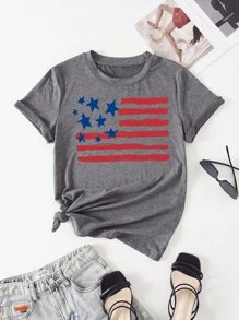 SHEIN LUNE Camiseta con estampado de bandera estadounidense - Gris - Ver 1