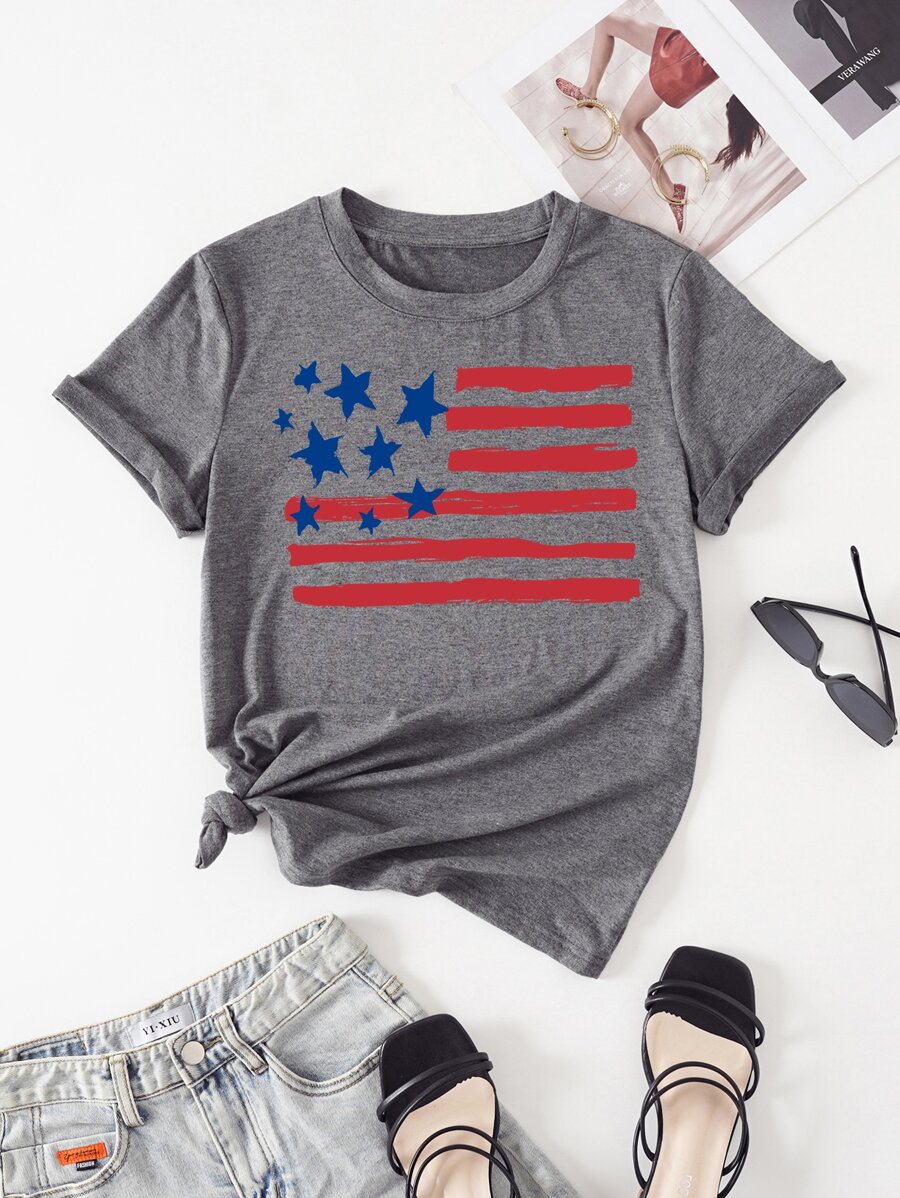 SHEIN LUNE Camiseta con estampado de bandera estadounidense - Gris - Ver 1