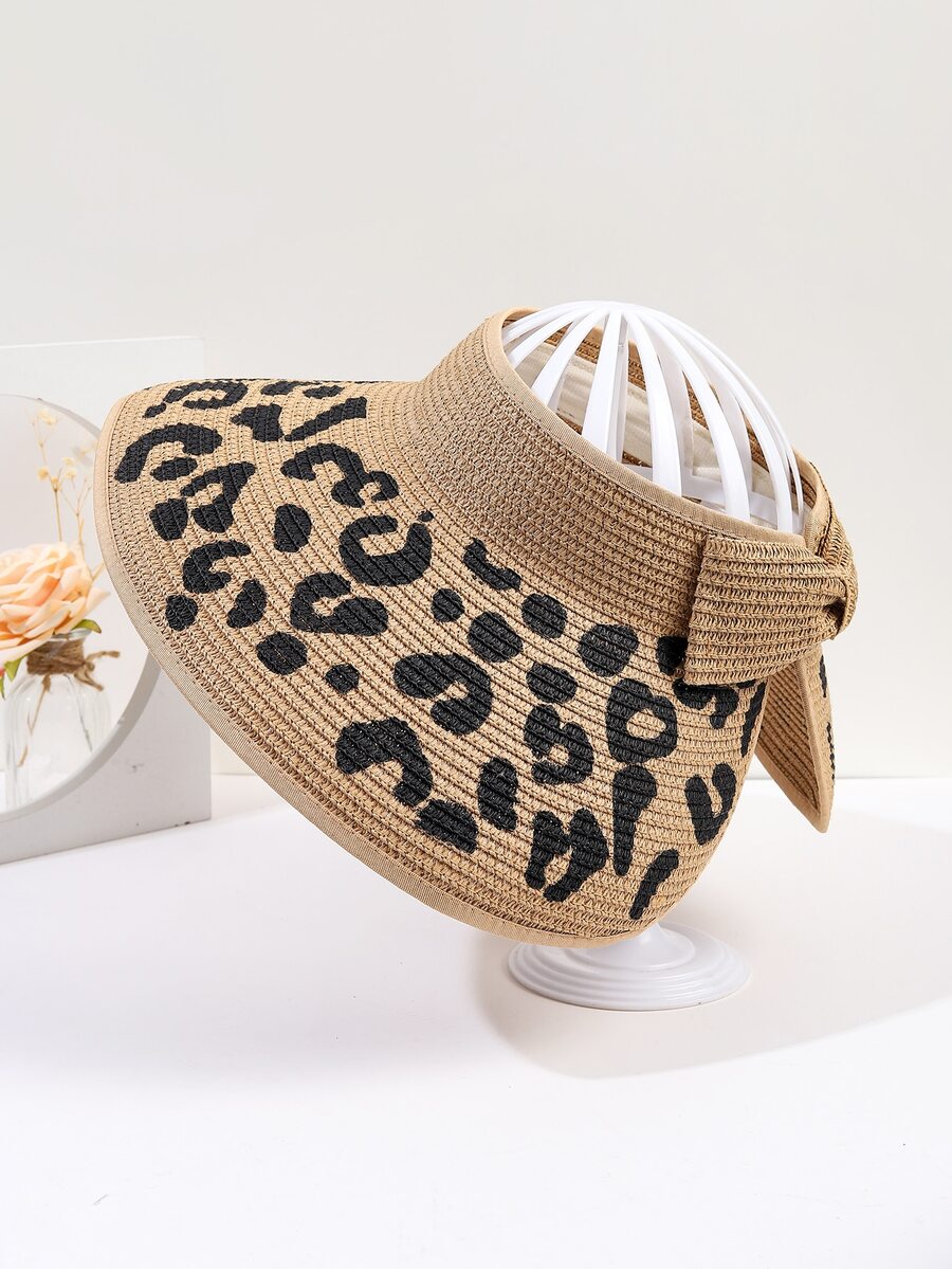 Leopard Pattern Bow Decor Straw Hat - Khaki - View 1