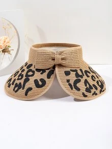 Leopard Pattern Bow Decor Straw Hat - Khaki - View 3
