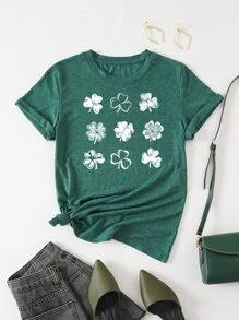 SHEIN LUNE Camiseta con estampado de trébol - Verde - Ver 1