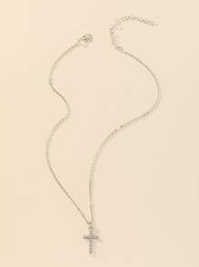 水鑽十字架吊飾項鍊 - 銀色 - 查看 2