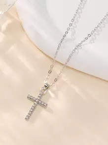水鑽十字架吊飾項鍊 - 銀色 - 查看 3