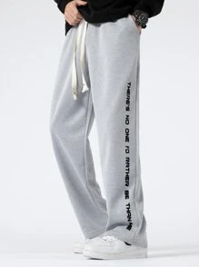 Manfinity Hypemode Hombres Pantalones con estampado de slogan de cintura con cordón - Gris Claro - Ver 1