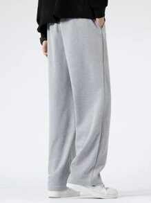 Manfinity Hypemode Hombres Pantalones con estampado de slogan de cintura con cordón - Gris Claro - Ver 2