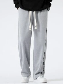 Manfinity Hypemode Hombres Pantalones con estampado de slogan de cintura con cordón - Gris Claro - Ver 3