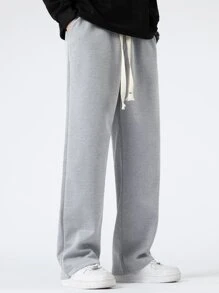 Manfinity Hypemode Hombres Pantalones con estampado de slogan de cintura con cordón - Gris Claro - Ver 4