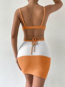SHEIN Essnce Vestido de punto de color combinado con abertura con nudo trasero - Naranja - Ver 2
