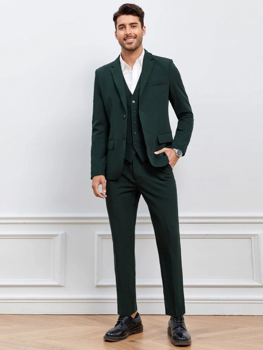 GENTILAND Bộ đồ nam Túi Dây kéo Nút phía trước màu trơn Công việc - Màu xanh lá cây đậm - Xem 1