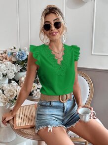 Chiquease Guipure Lace Trim Cap Sleeve Blouse - Green - View 3