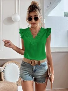 Chiquease Guipure Lace Trim Cap Sleeve Blouse - Green - View 4