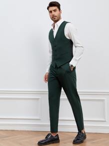 GENTILAND Bộ đồ nam Túi Dây kéo Nút phía trước màu trơn Công việc - Màu xanh lá cây đậm - Xem 3