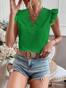 Chiquease Guipure Lace Trim Cap Sleeve Blouse - Green - View 5