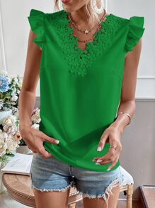 Chiquease Guipure Lace Trim Cap Sleeve Blouse - Green - View 6