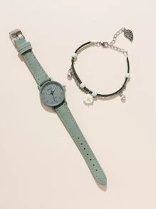 1入組圓形指針石英手錶和1入組雛菊裝飾手環 - 綠色 - 查看 2