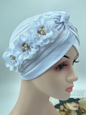 Gorro Turbante Con Flores De Lentejuelas Y Perlas De Imitación, Gorro Plisado Elegante De Color Sólido, Pañuelo Para La Cabeza, Gorro Elástico, Gorros Para Quimio, 1 Ud.