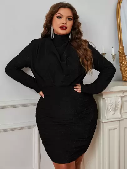 Plus Draped Collar Ruched Side Bodycon Dress