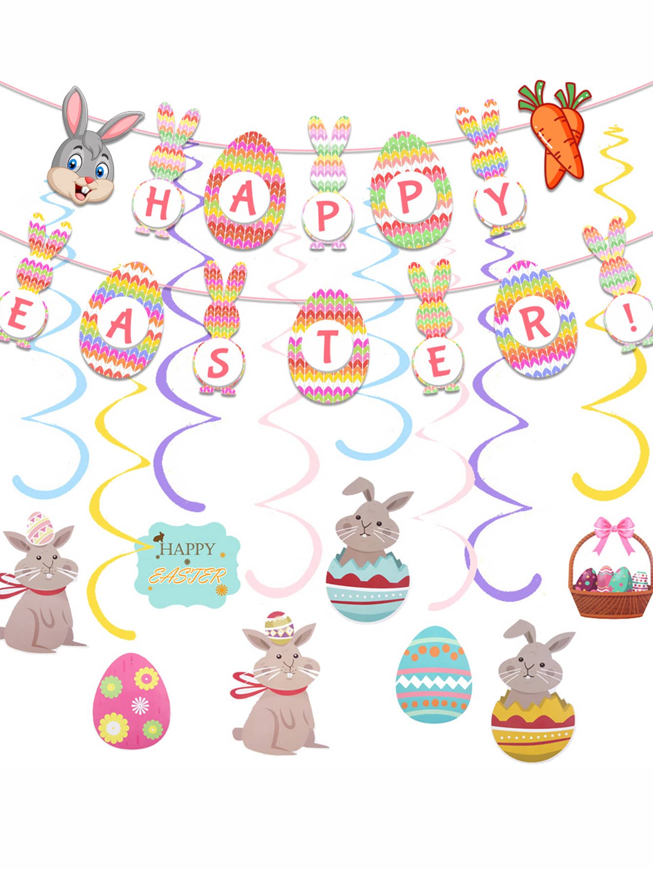 17pcs/set Plastic Hanging Garland, Cute Easter Rabbit & Egg Design Decorative Garland For Easter - Multicolor - View 1