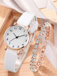Conjunto De Pulsera Y Reloj De Cuarzo Con Esfera Digital Simple Con Banda Para Mujer (2 Piezas / Juego) - Blanco - Ver 1