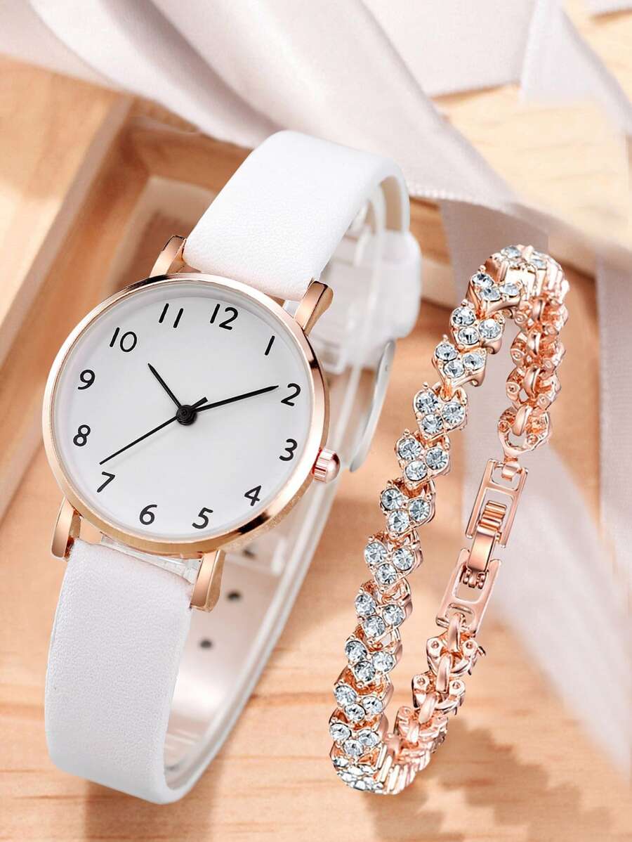 Conjunto De Pulsera Y Reloj De Cuarzo Con Esfera Digital Simple Con Banda Para Mujer (2 Piezas / Juego) - Blanco - Ver 1