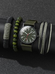 1pc Men Round Pointer Quartz Watch & 3pcs Beaded Bracelet - Army Green - View 1