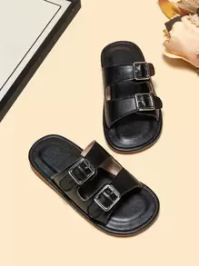 Boys Buckle Decor Cut Out Slippers, Punk Black Slides - Black - View 2