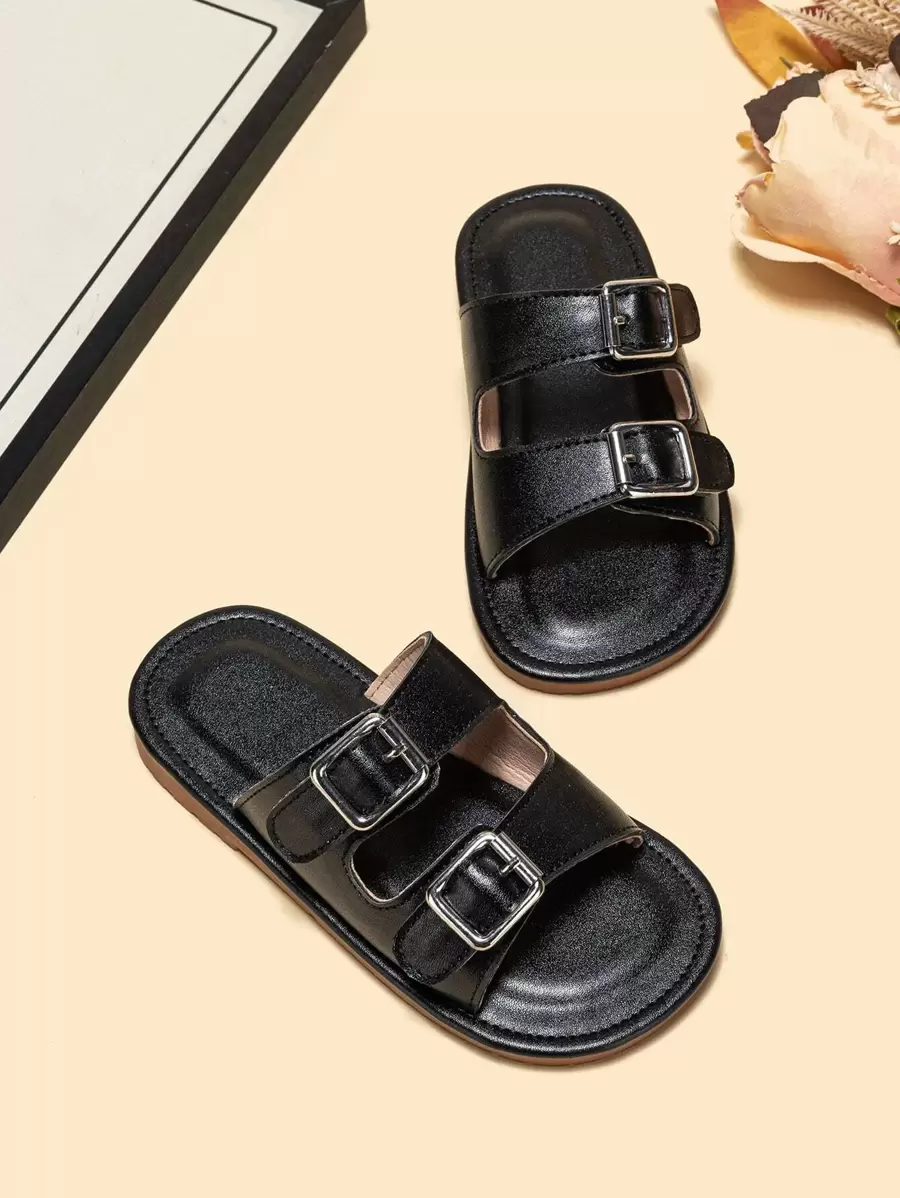 Boys Buckle Decor Cut Out Slippers, Punk Black Slides