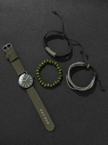 1pc Men Round Pointer Quartz Watch & 3pcs Beaded Bracelet - Army Green - View 2