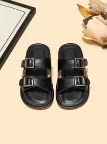 Boys Buckle Decor Cut Out Slippers, Punk Black Slides - Black - View 3
