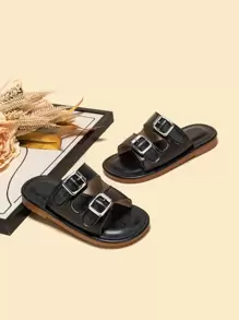 Boys Buckle Decor Cut Out Slippers, Punk Black Slides - Black - View 4