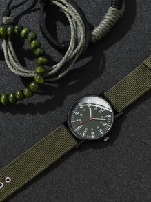 1pc Men Round Pointer Quartz Watch & 3pcs Beaded Bracelet - Army Green - View 3