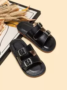 Boys Buckle Decor Cut Out Slippers, Punk Black Slides - Black - View 5