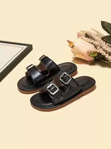 Boys Buckle Decor Cut Out Slippers, Punk Black Slides - Black - View 6