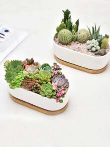 1pc Wooden Pattern Plant Tray, Boho Bamboo Tray For Plant Pot - Khaki - View 3