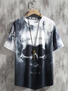 Manfinity LEGND 男士紮染和骷髅頭圖案T恤 - 黑與白 - 查看 1