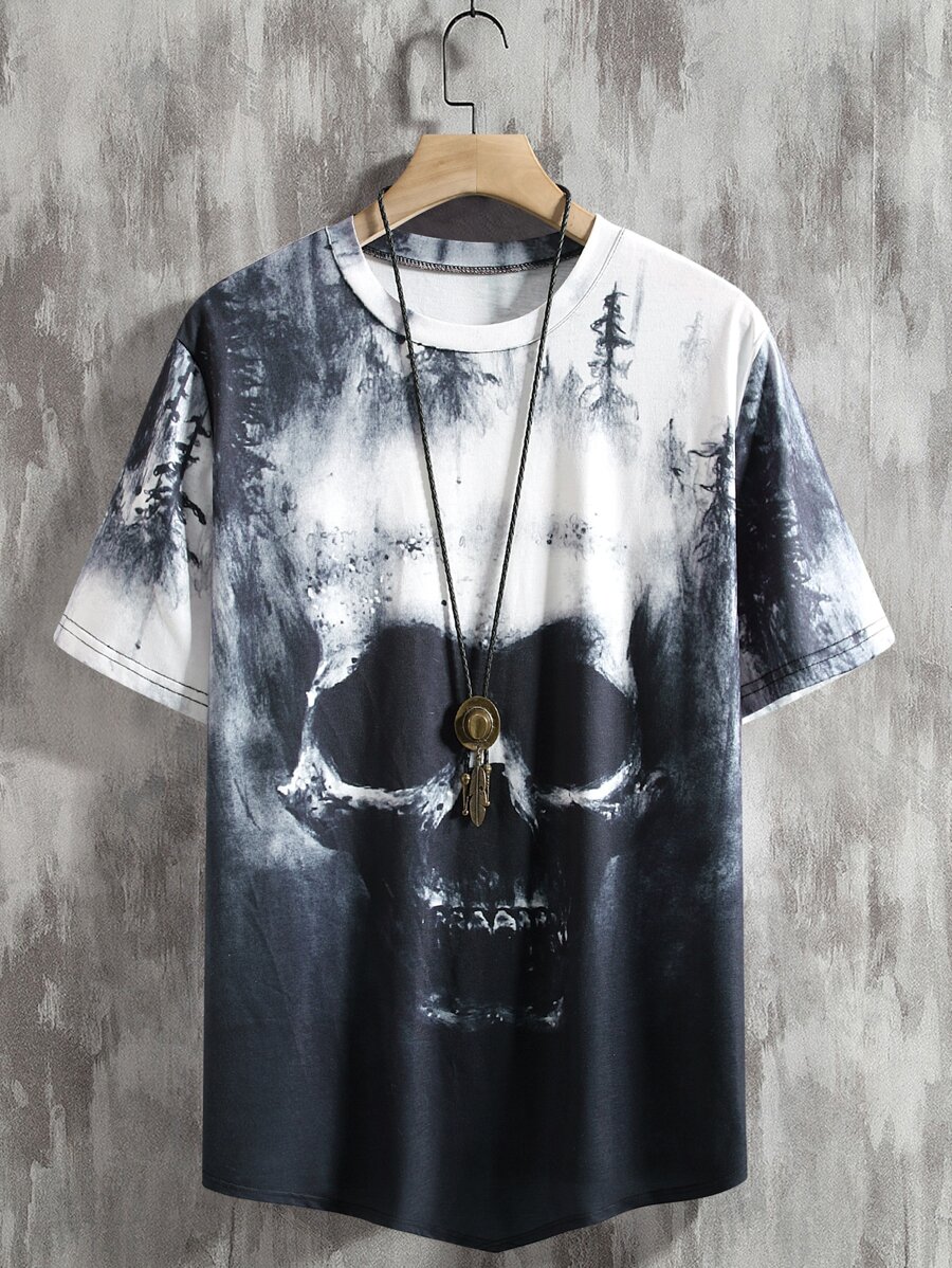 Manfinity LEGND 男士紮染和骷髅頭圖案T恤 - 黑與白 - 查看 1